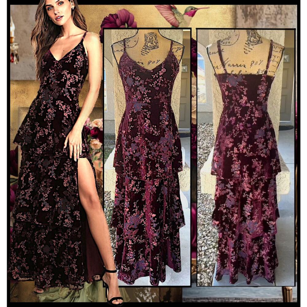 LuLus Plum Purple Floral Velvet Tiered I Love You Amore Maxi Dress Size: M